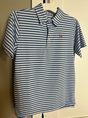 Blue and White Striped Kids Polo with Bald Head Island red logo